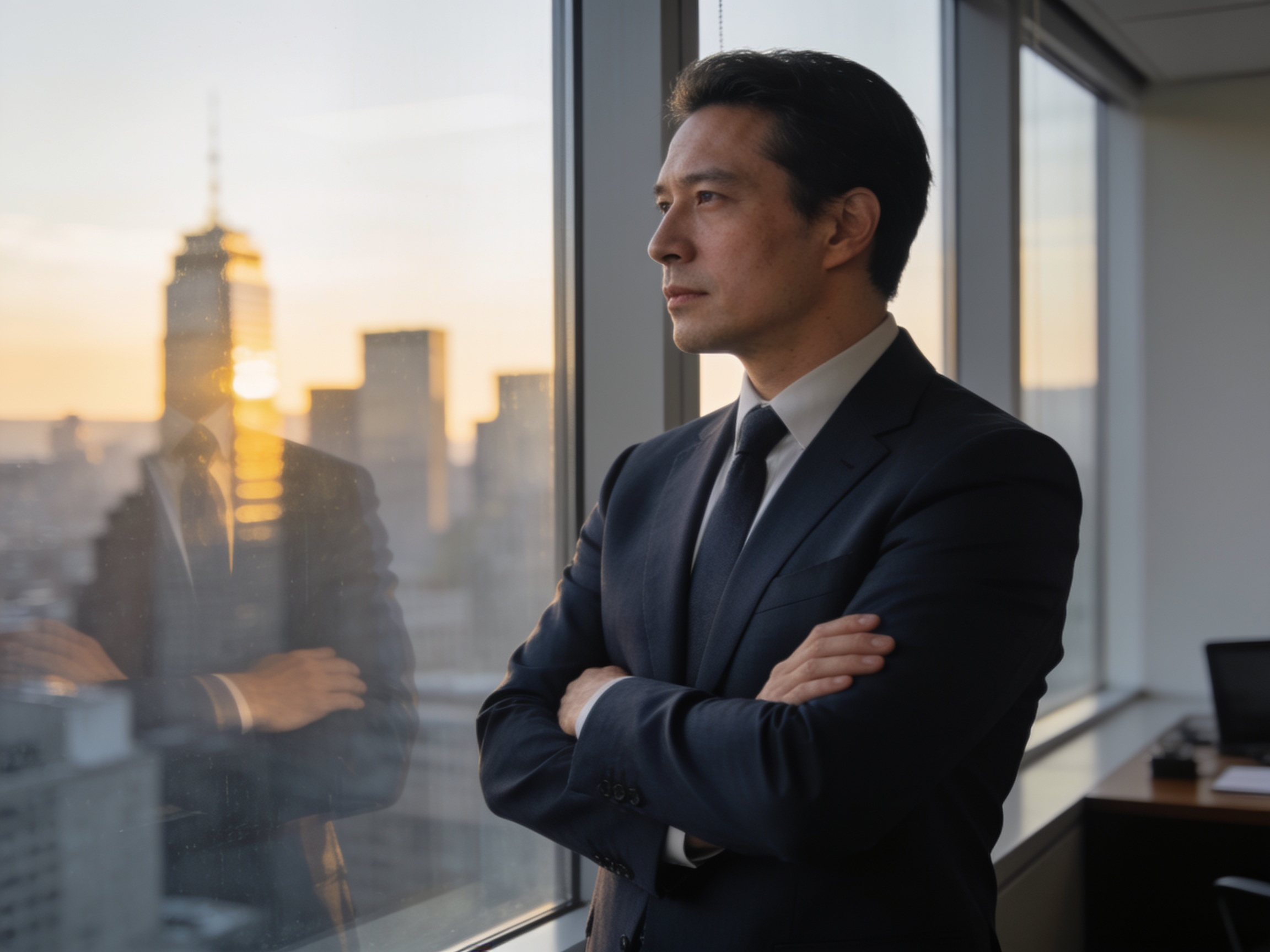 Professional looking out an office window toward the city skyline at golden hour
