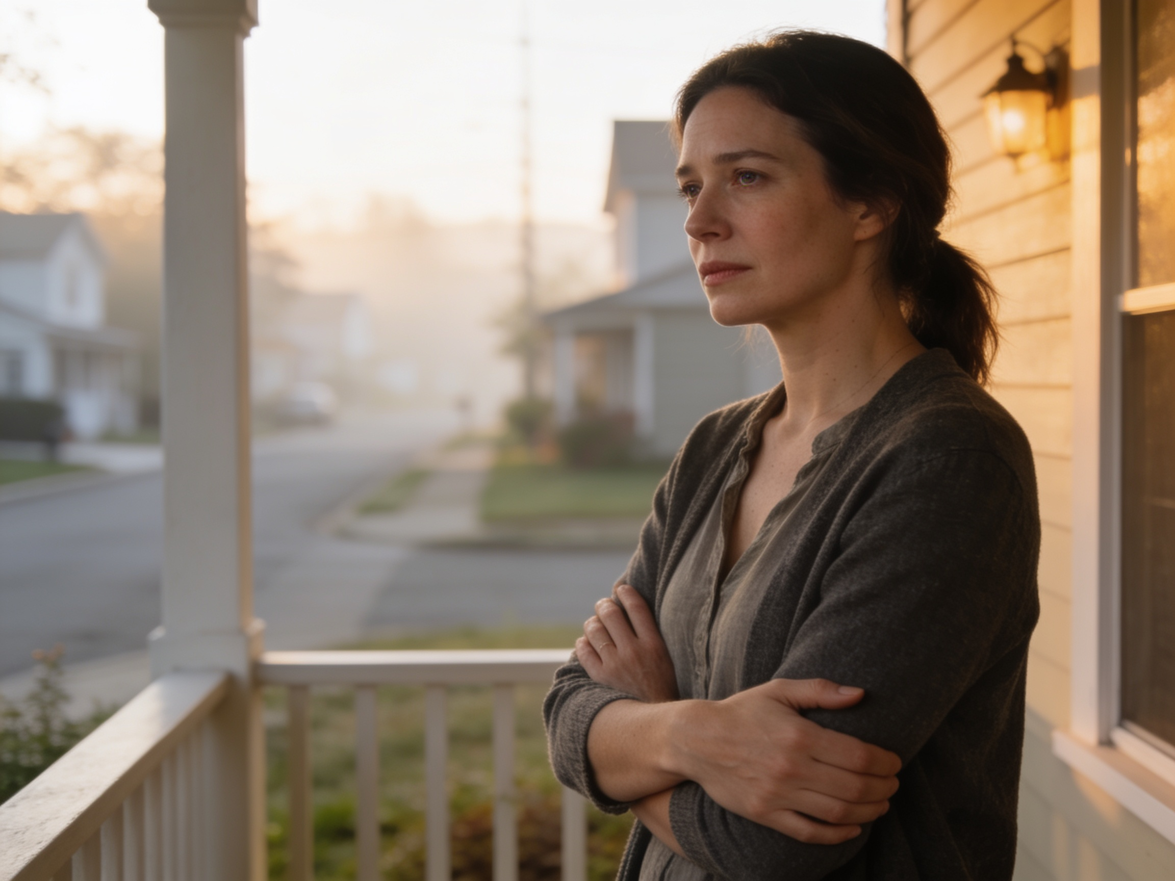 Woman standing calmly on her front porch in soft morning light