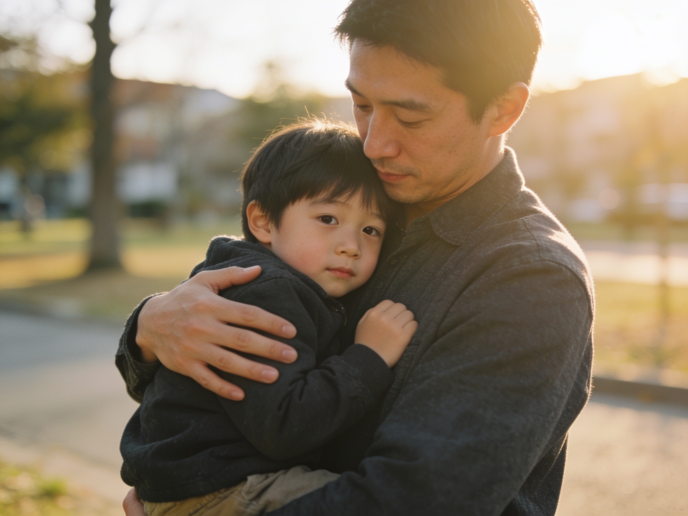 Father holding his young child outdoors at golden hour