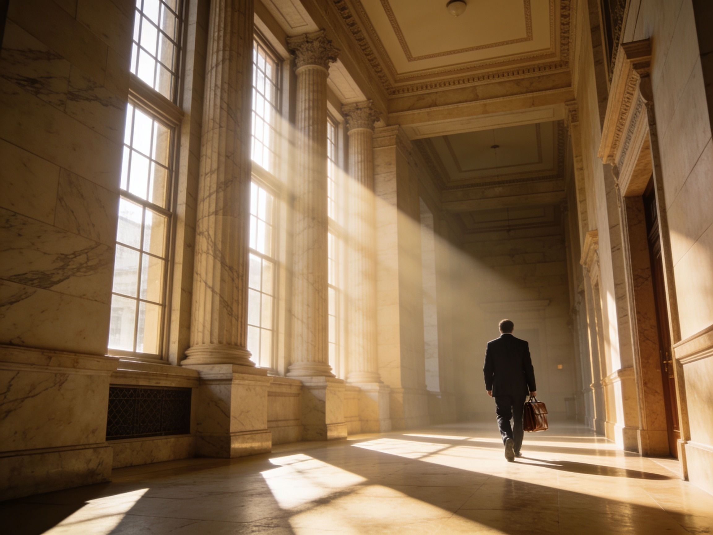Attorney walking through a sunlit courthouse hallway